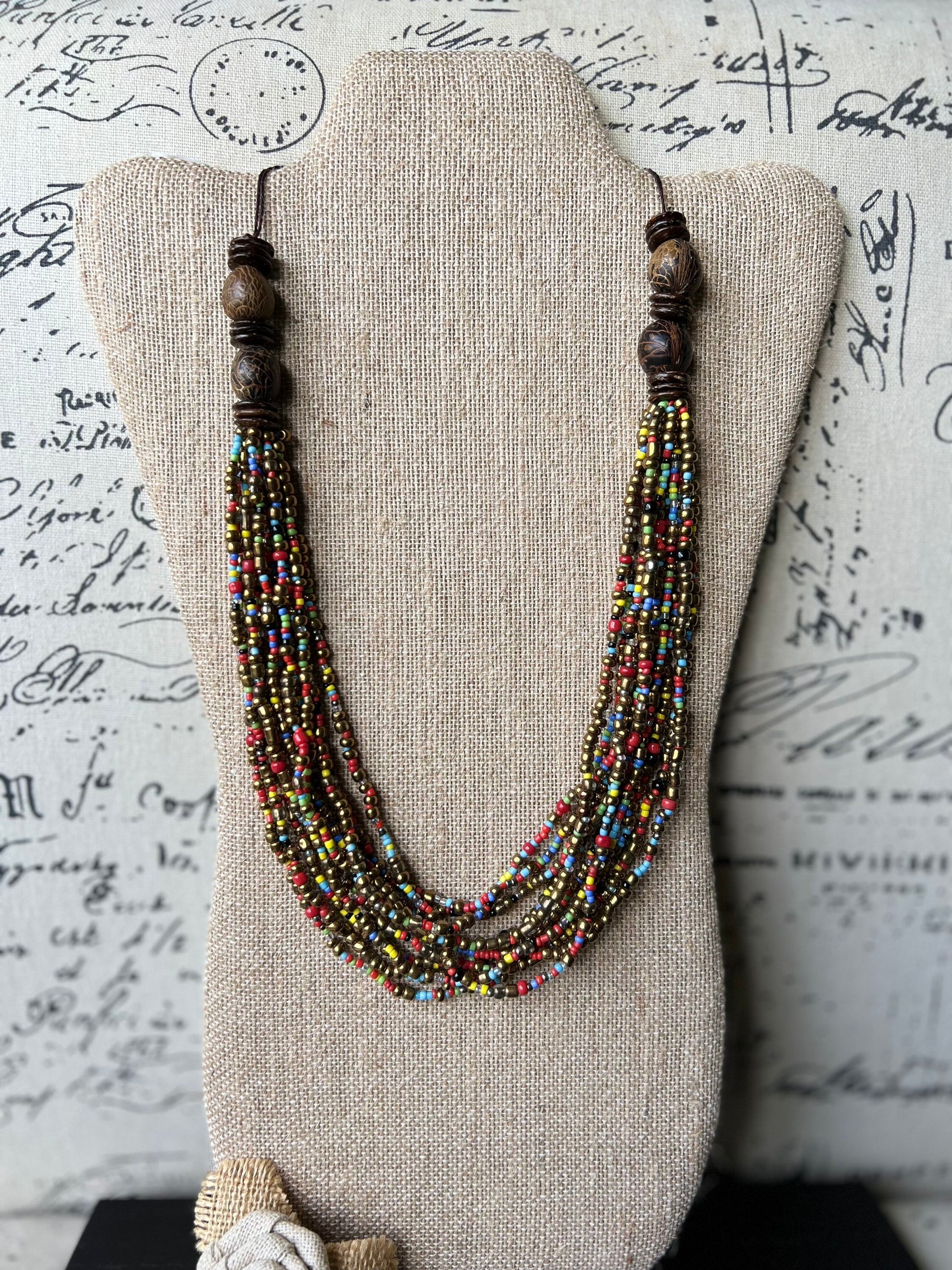 Multi layer seed bead statement necklace with coconut beads Multi color lightweight collar Anniversary gift for wife Fall fashion trends