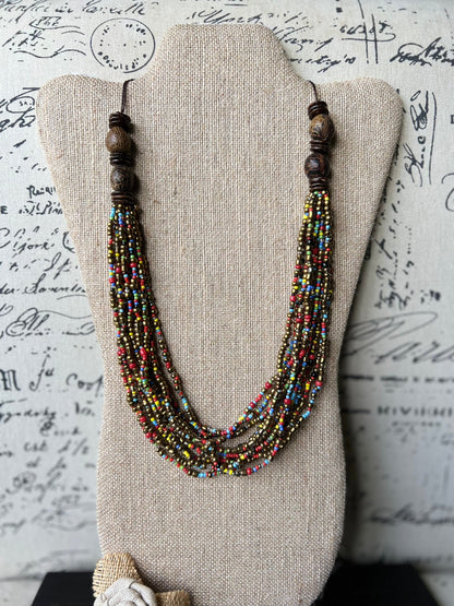 Multi layer seed bead statement necklace with coconut beads Multi color lightweight collar Anniversary gift for wife Fall fashion trends