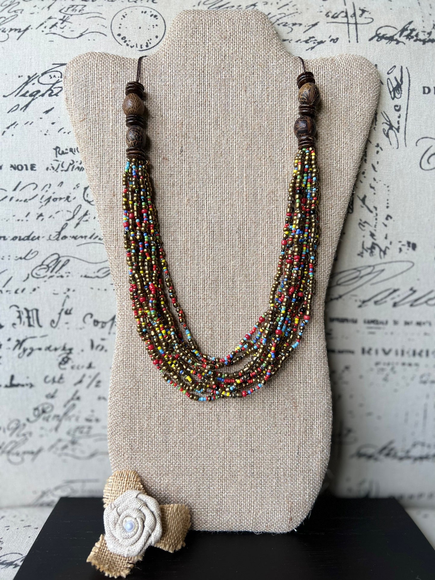 Multi layer seed bead statement necklace with coconut beads Multi color lightweight collar Anniversary gift for wife Fall fashion trends
