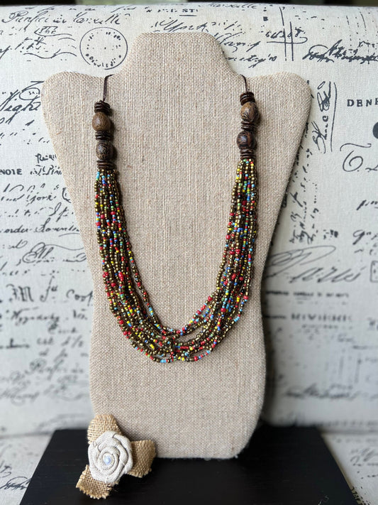Multi layer seed bead statement necklace with coconut beads Multi color lightweight collar Anniversary gift for wife Fall fashion trends