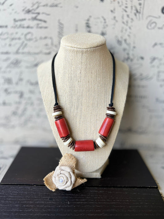 Red and white tagua necklace with coconut beads Lightweight and adjustable Multi color bib collar Cruise wear Beach fashion Birthday gifts
