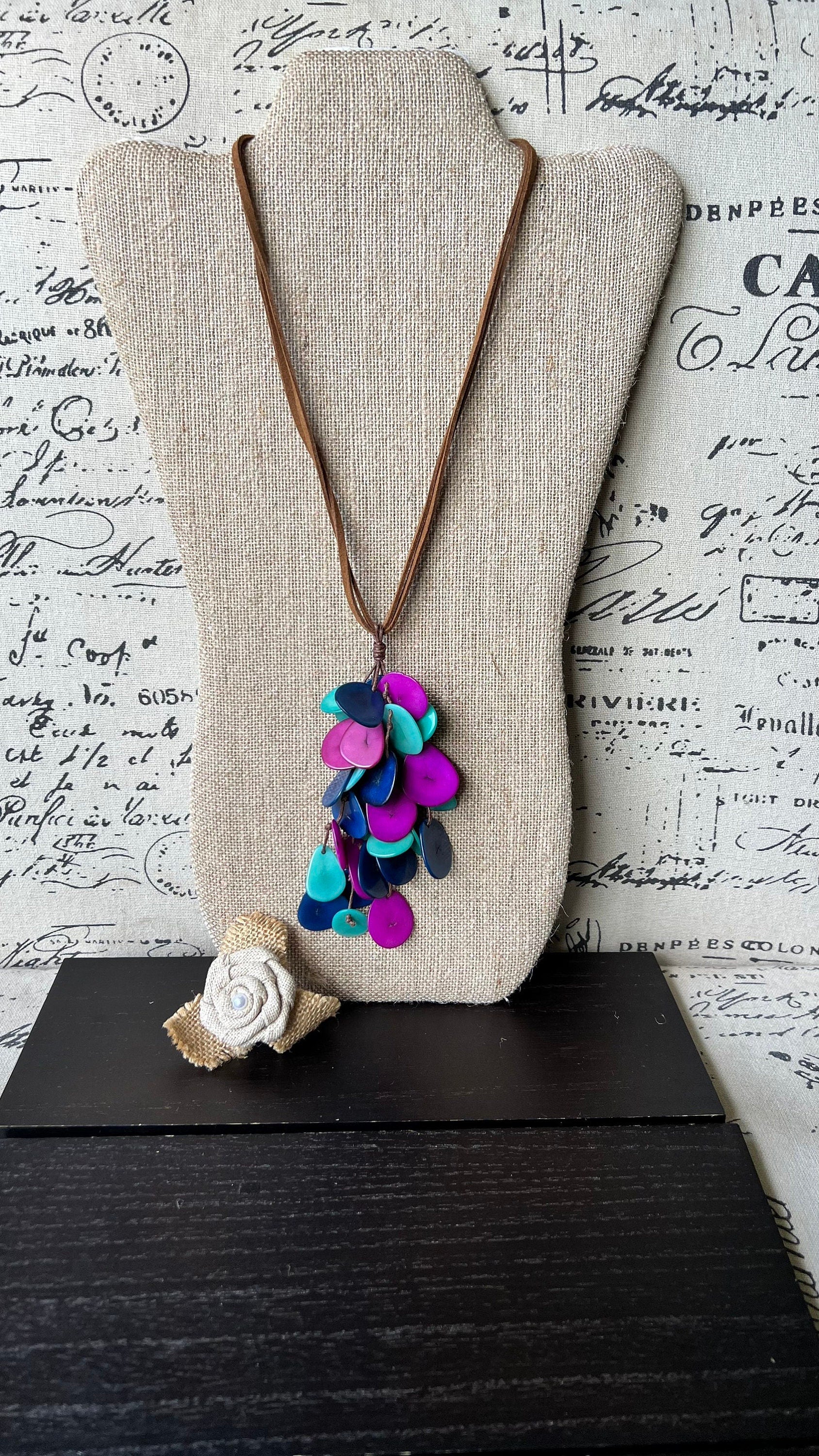 Blue purple and turquoise tagua nut necklace Boho jewelry Statement extra long lightweight pendant Holiday fashion trends Anniversary gifts