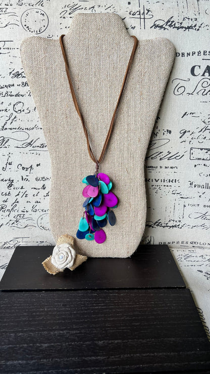 Blue purple and turquoise tagua nut necklace Boho jewelry Statement extra long lightweight pendant Holiday fashion trends Anniversary gifts
