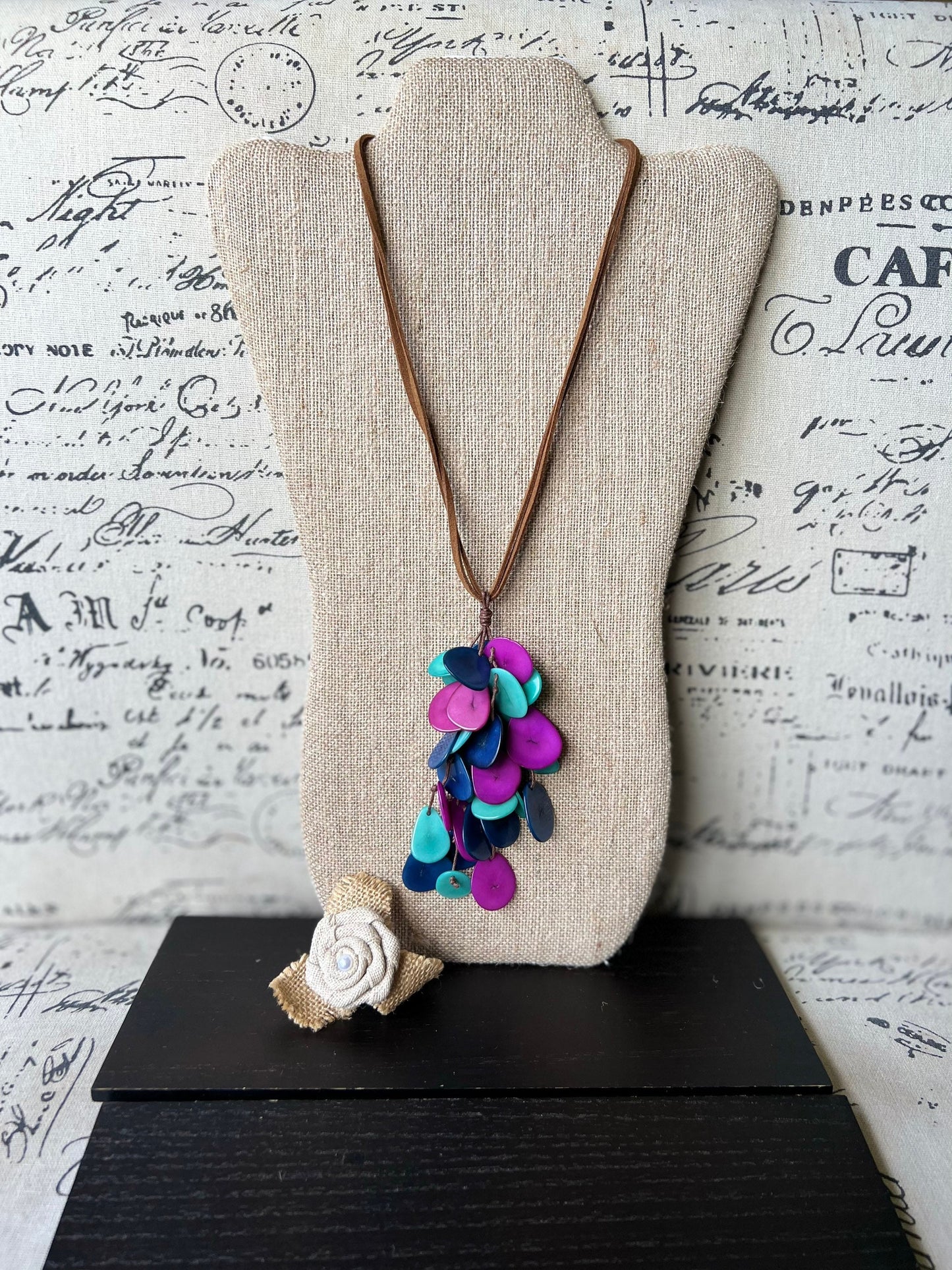 Blue purple and turquoise tagua nut necklace Boho jewelry Statement extra long lightweight pendant Holiday fashion trends Anniversary gifts