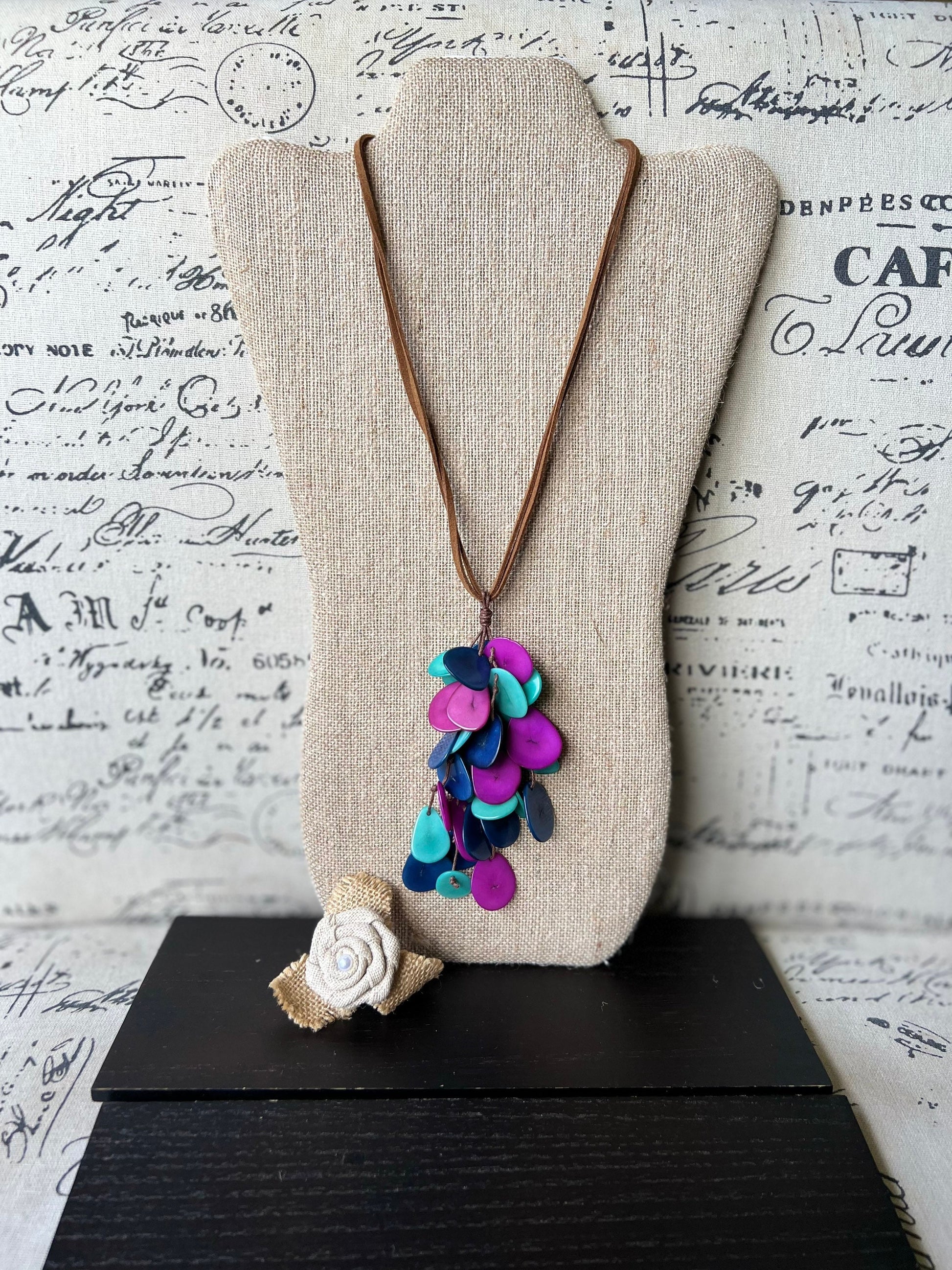 Blue purple and turquoise tagua nut necklace Boho jewelry Statement extra long lightweight pendant Holiday fashion trends Anniversary gifts