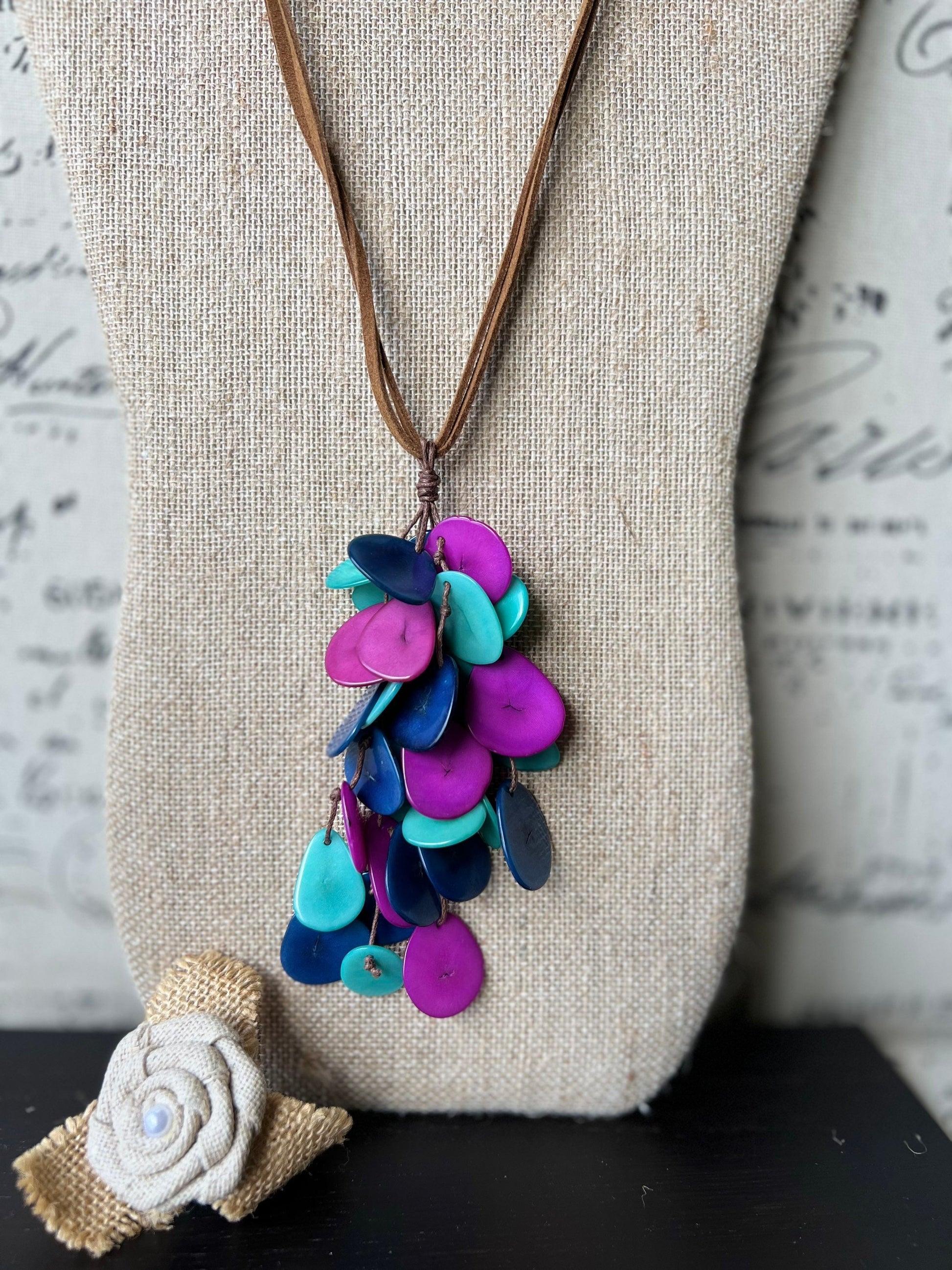 Blue purple and turquoise tagua nut necklace Boho jewelry Statement extra long lightweight pendant Holiday fashion trends Anniversary gifts