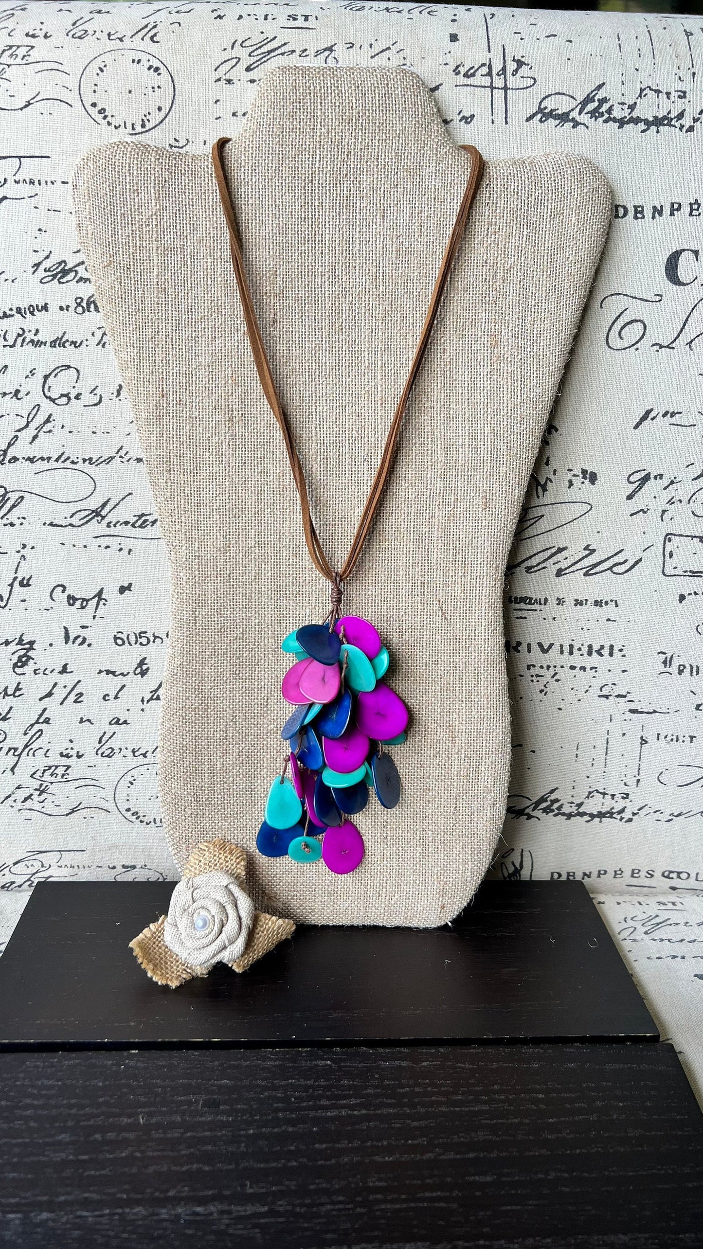 Blue purple and turquoise tagua nut necklace Boho jewelry Statement extra long lightweight pendant Holiday fashion trends Anniversary gifts