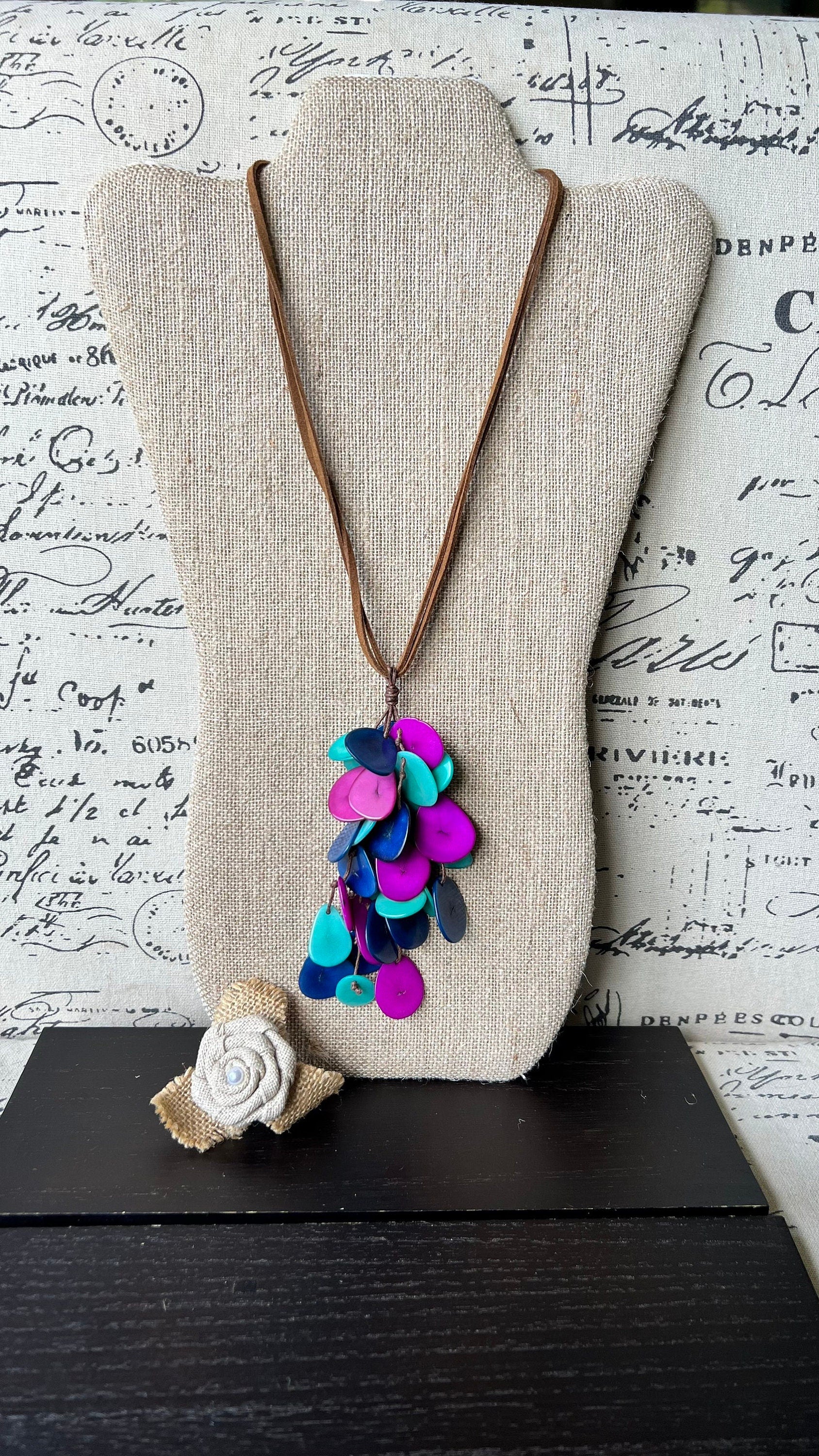 Blue purple and turquoise tagua nut necklace Boho jewelry Statement extra long lightweight pendant Holiday fashion trends Anniversary gifts