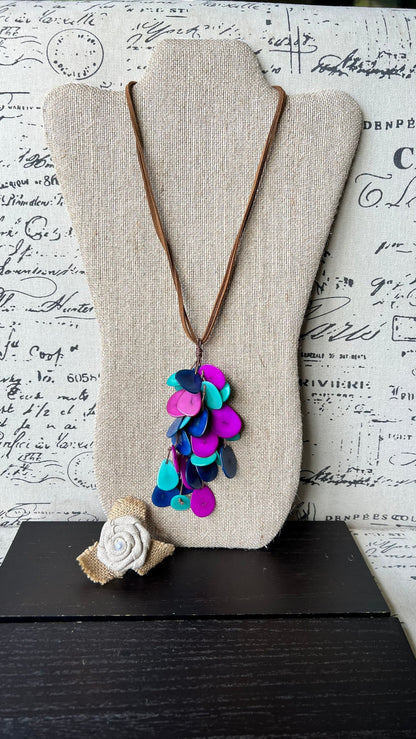 Blue purple and turquoise tagua nut necklace Boho jewelry Statement extra long lightweight pendant Holiday fashion trends Anniversary gifts