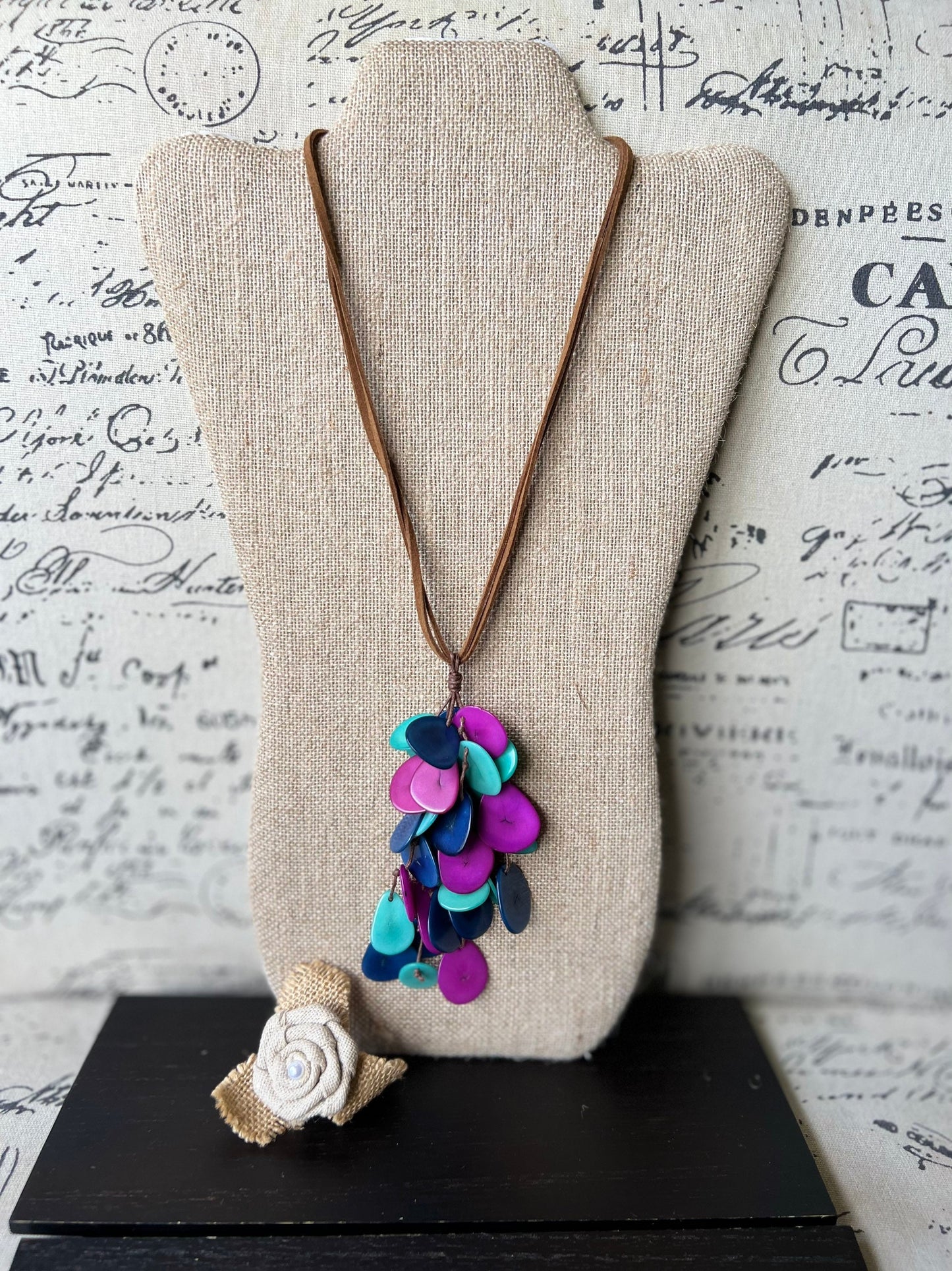 Blue purple and turquoise tagua nut necklace Boho jewelry Statement extra long lightweight pendant Holiday fashion trends Anniversary gifts