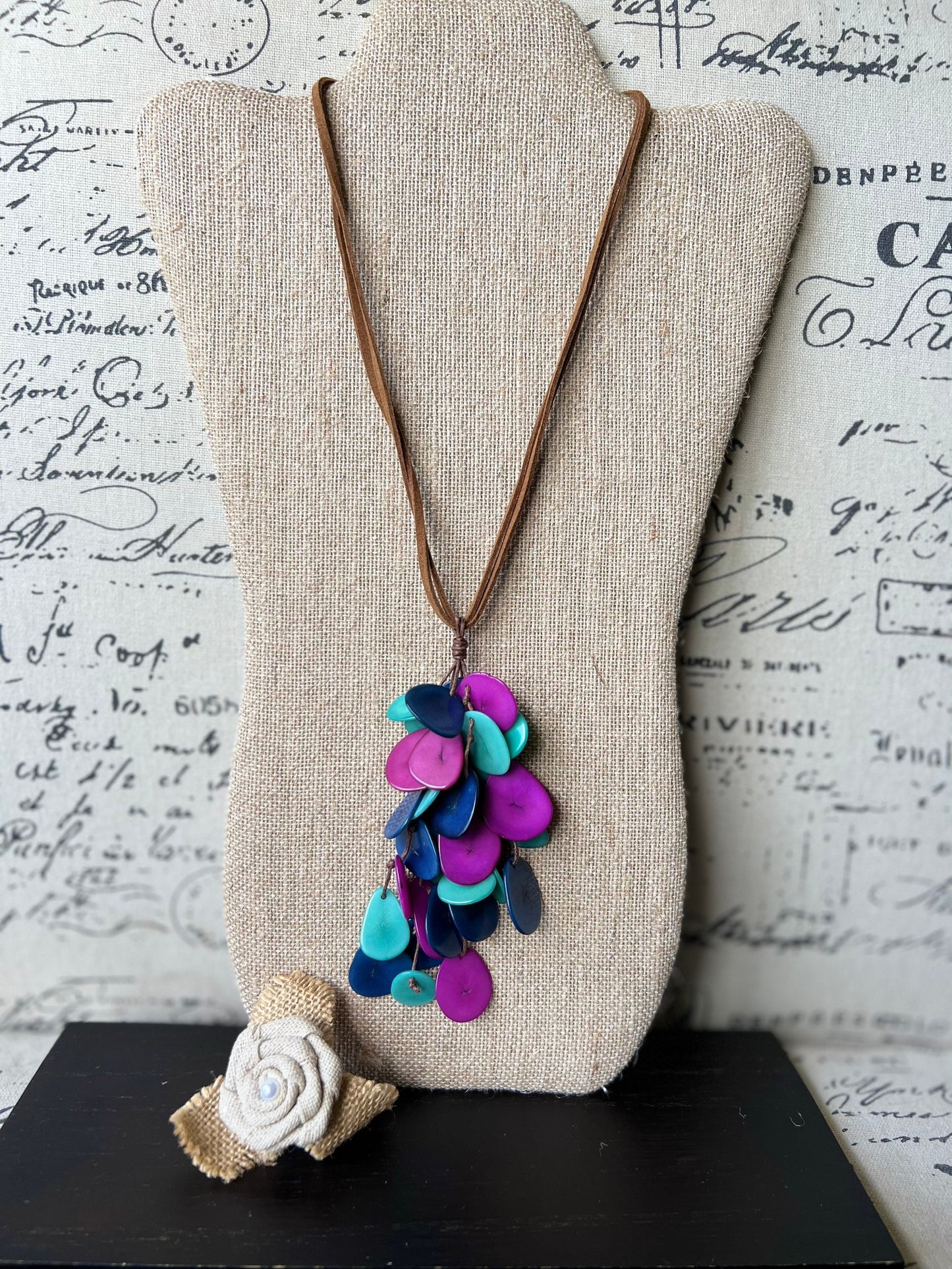 Blue purple and turquoise tagua nut necklace Boho jewelry Statement extra long lightweight pendant Holiday fashion trends Anniversary gifts