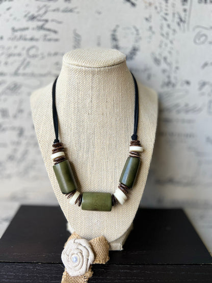 Olive green tagua necklace with coconut beads Lightweight and adjustable Multi color bib collar Xmas gift ideas Fall fashion style