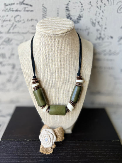 Olive green tagua necklace with coconut beads Lightweight and adjustable Multi color bib collar Xmas gift ideas Fall fashion style