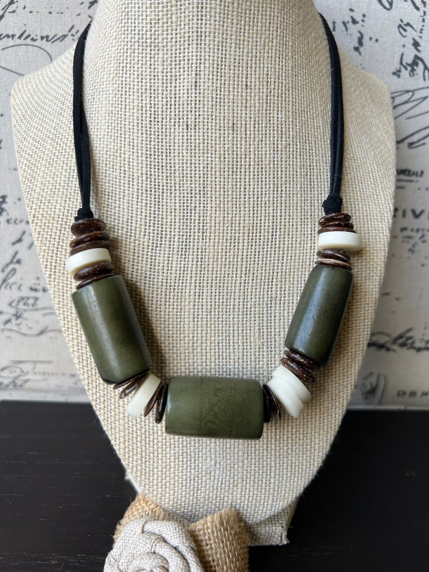 Olive green tagua necklace with coconut beads Lightweight and adjustable Multi color bib collar Xmas gift ideas Fall fashion style