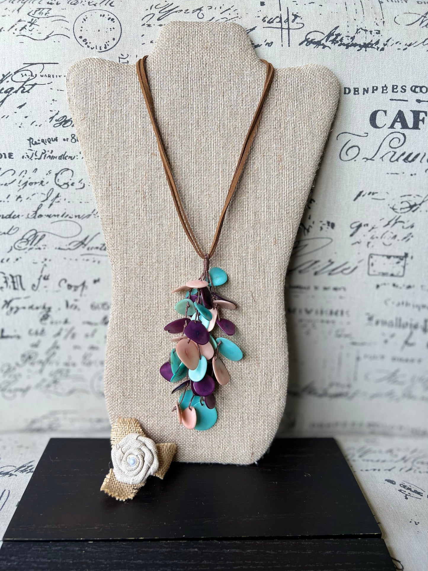 Turquoise purple and pink statement necklace Boho jewelry Tagua jewelry Extra long lightweight pendant Spring fashion trend Anniversary gift