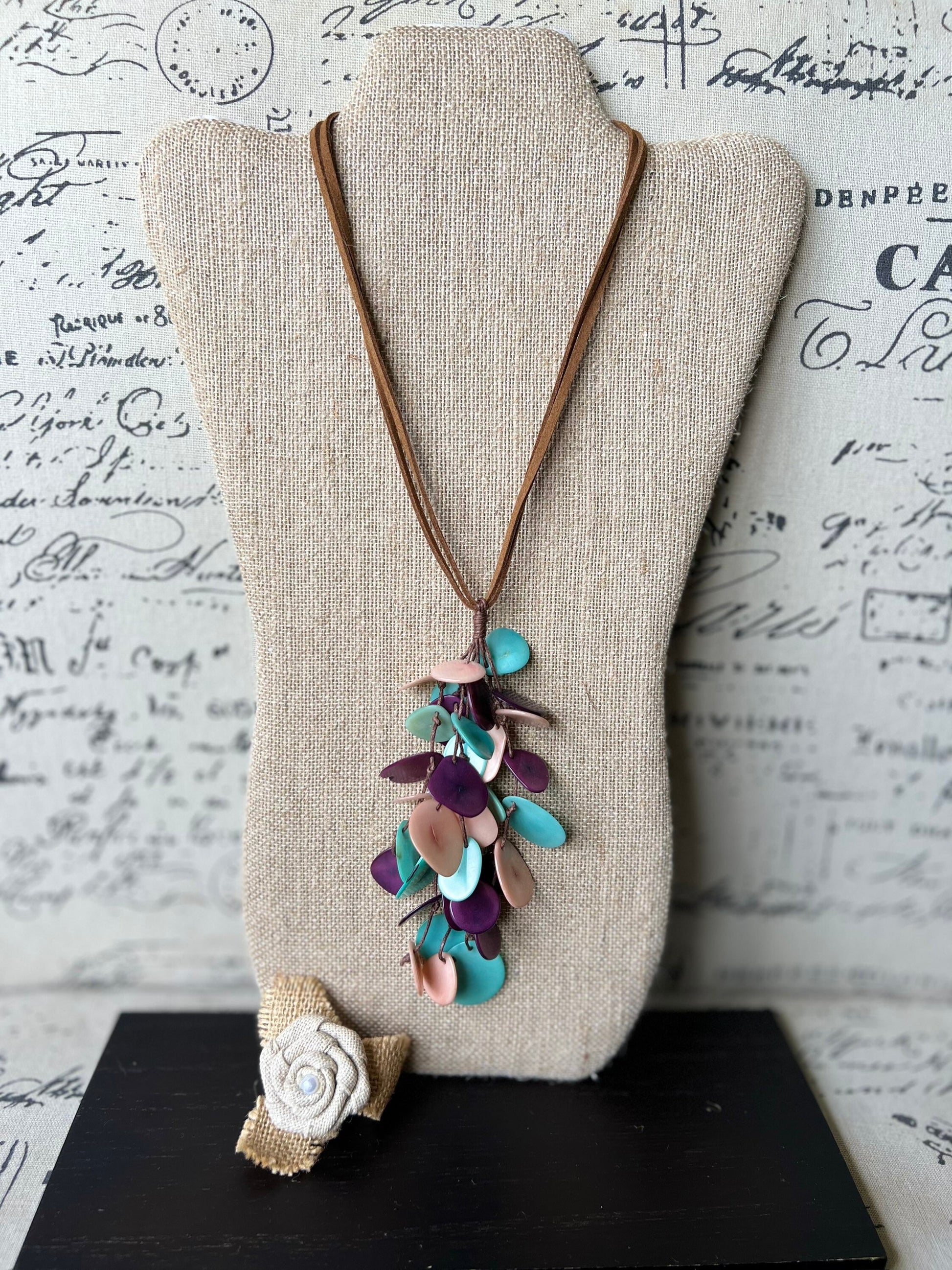 Turquoise purple and pink statement necklace Boho jewelry Tagua jewelry Extra long lightweight pendant Spring fashion trend Anniversary gift
