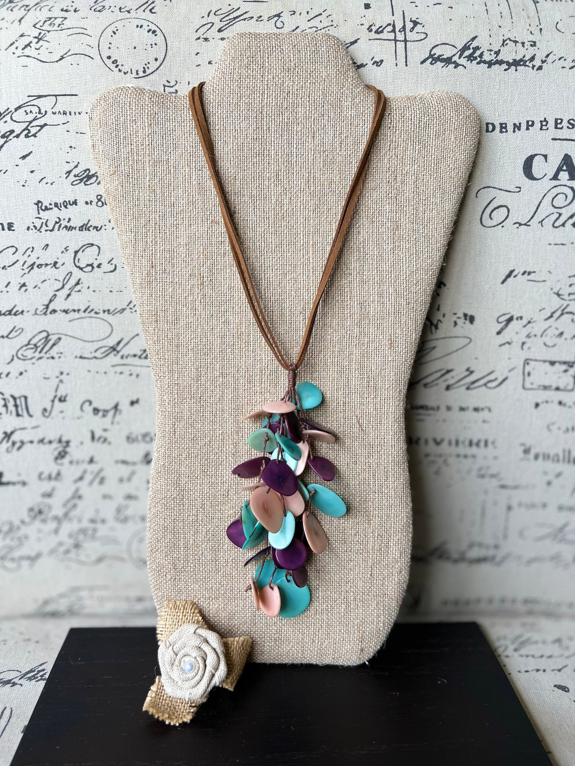 Turquoise purple and pink statement necklace Boho jewelry Tagua jewelry Extra long lightweight pendant Spring fashion trend Anniversary gift
