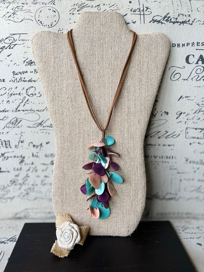Turquoise purple and pink statement necklace Boho jewelry Tagua jewelry Extra long lightweight pendant Spring fashion trend Anniversary gift
