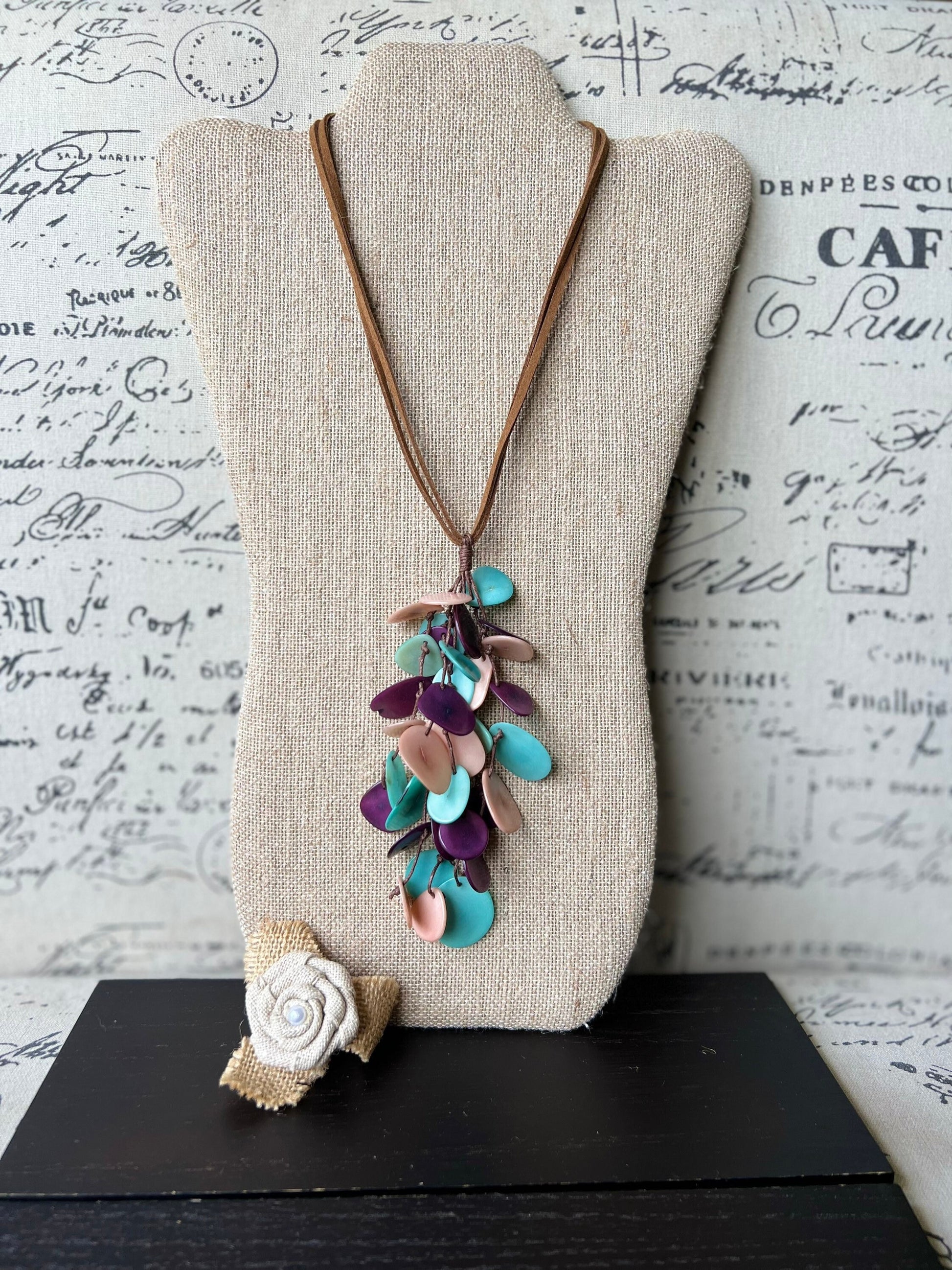 Turquoise purple and pink statement necklace Boho jewelry Tagua jewelry Extra long lightweight pendant Spring fashion trend Anniversary gift