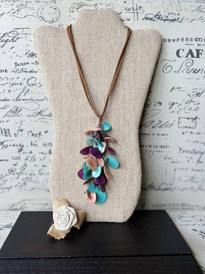 Turquoise purple and pink statement necklace Boho jewelry Tagua jewelry Extra long lightweight pendant Spring fashion trend Anniversary gift