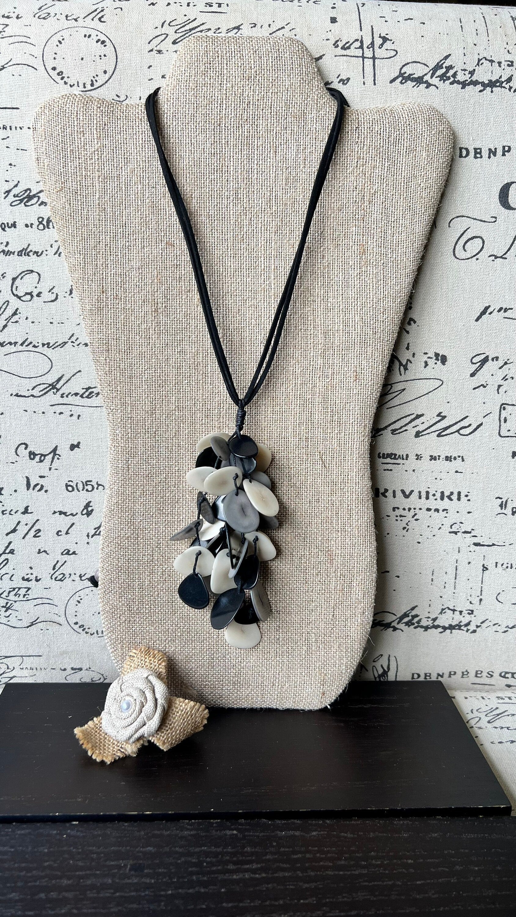 Black white and gray statement necklace Boho jewelry Tagua jewelry Extra long lightweight pendant Fall fashion trend Anniversary gift