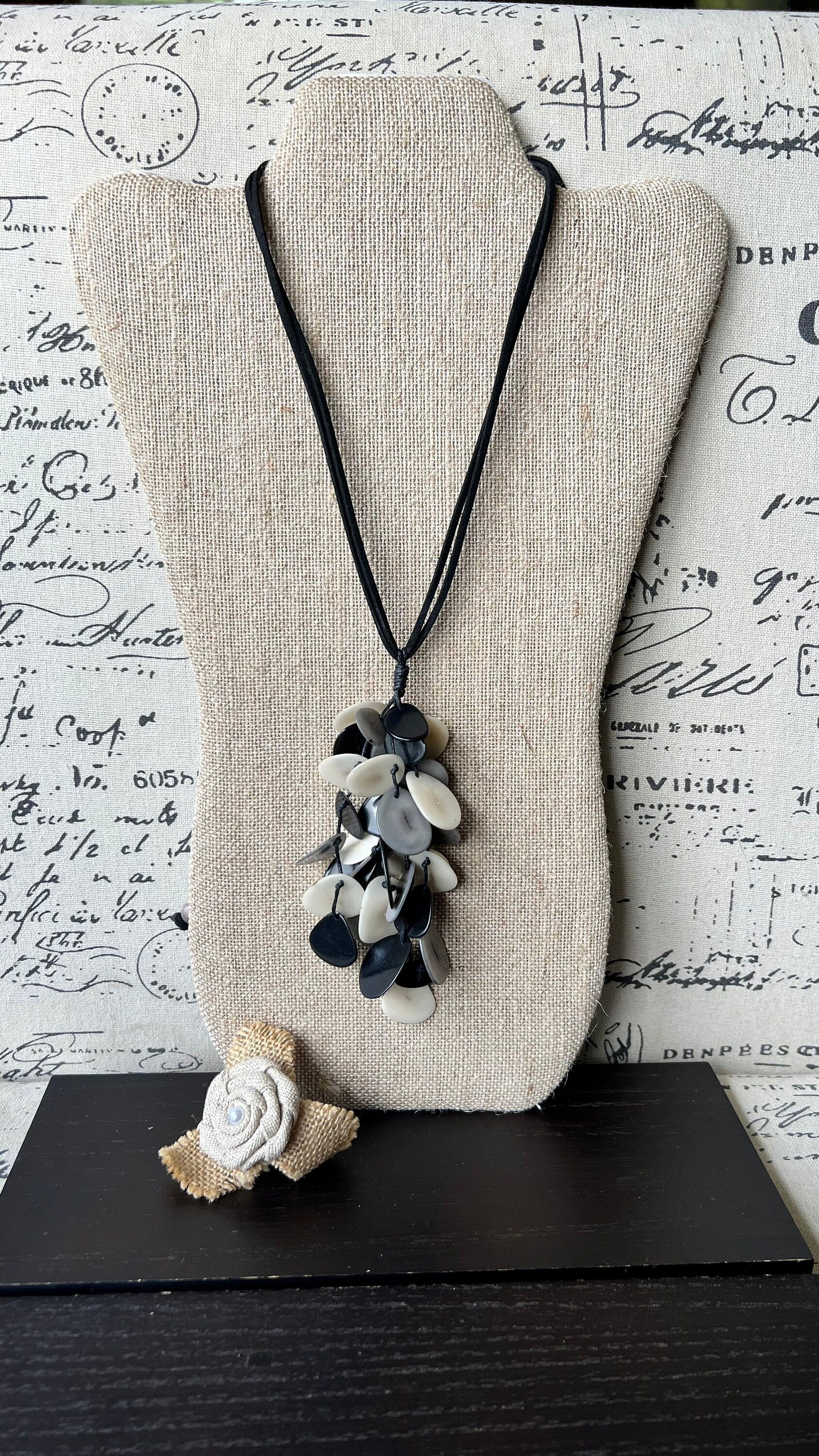 Black white and gray statement necklace Boho jewelry Tagua jewelry Extra long lightweight pendant Fall fashion trend Anniversary gift