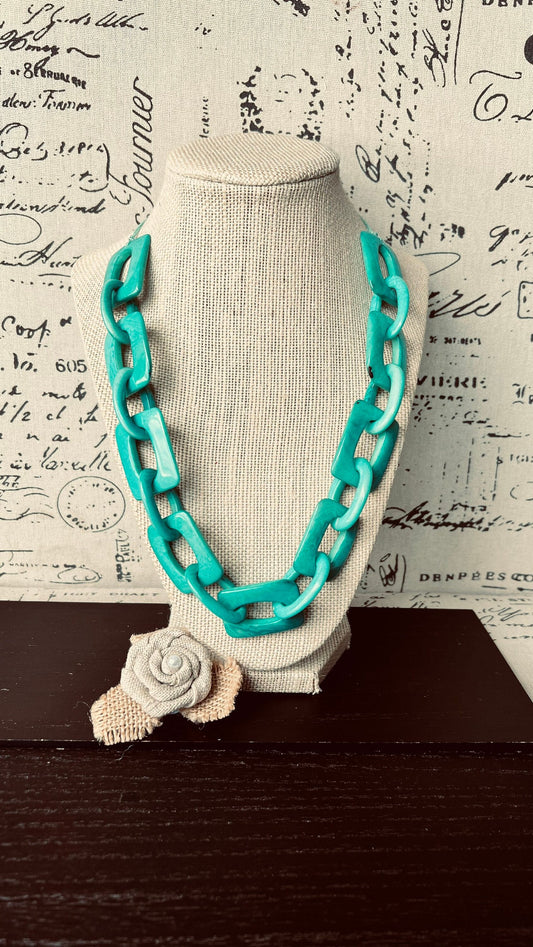 Turquoise green chunky chain link necklace Tagua jewelry Oversized bead Geometric statement bib necklace Beach fashion Summer trendy style