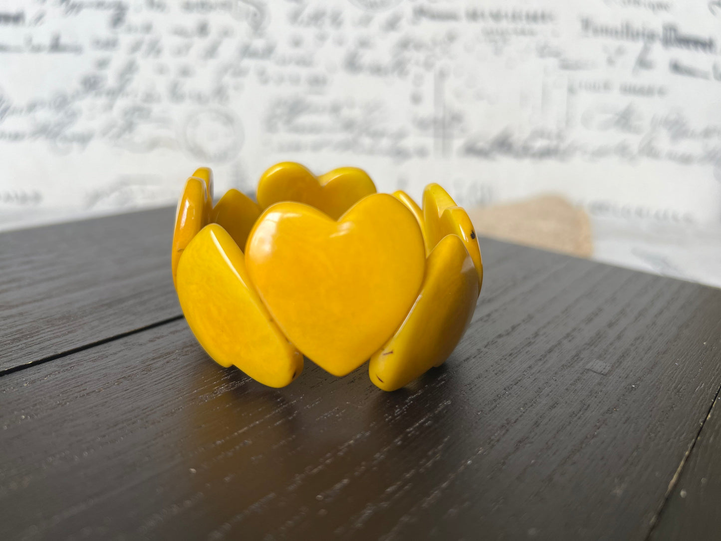 Yellow heart shaped beads bracelet Tagua jewelry Love bangle Anniversary gifts under 20 Girlfriend birthday Fall fashion trend Beach style