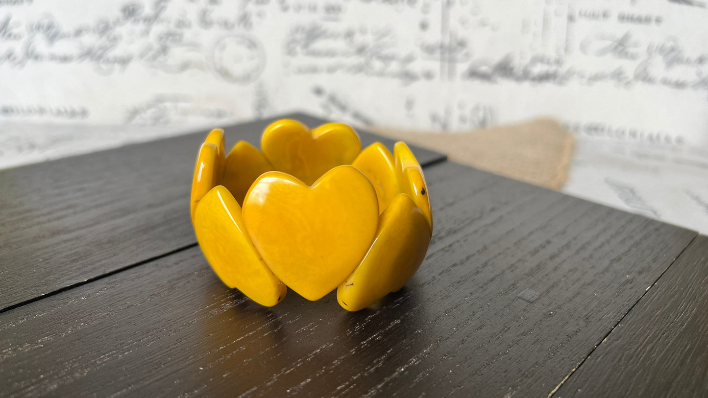 Yellow heart shaped beads bracelet Tagua jewelry Love bangle Anniversary gifts under 20 Girlfriend birthday Fall fashion trend Beach style