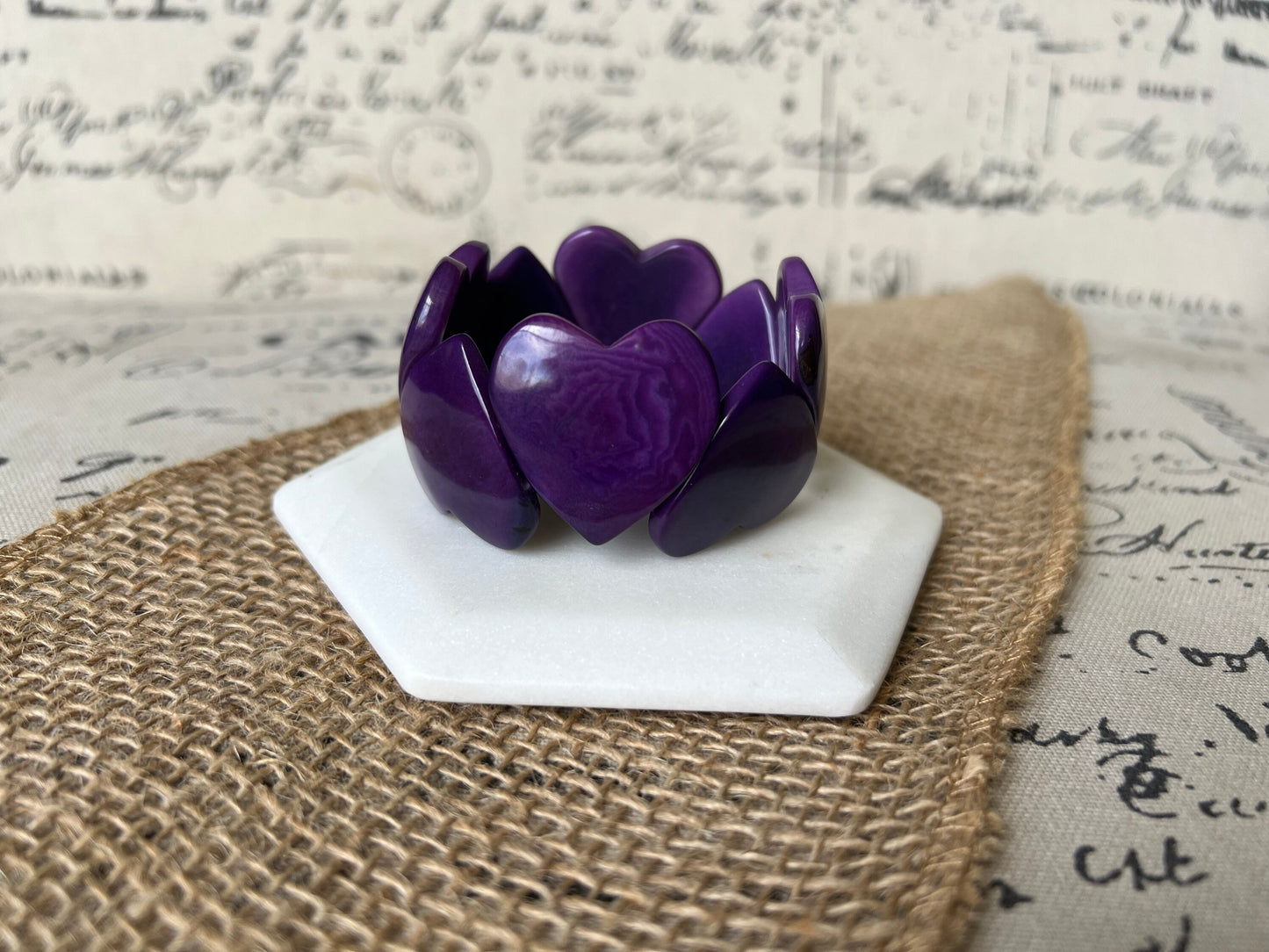 Purple heart shaped beads bracelet Tagua jewelry Love bangle Anniversary gift under 20 Girlfriend birthday Summer fashion trends Beach style