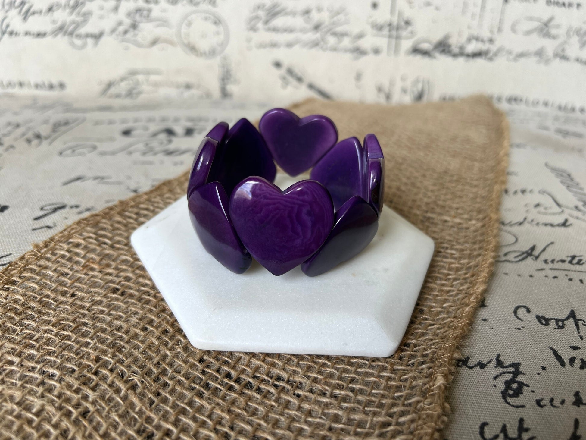 Purple heart shaped beads bracelet Tagua jewelry Love bangle Anniversary gift under 20 Girlfriend birthday Summer fashion trends Beach style