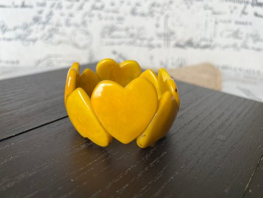 Yellow heart shaped beads bracelet Tagua jewelry Love bangle Anniversary gifts under 20 Girlfriend birthday Fall fashion trend Beach style