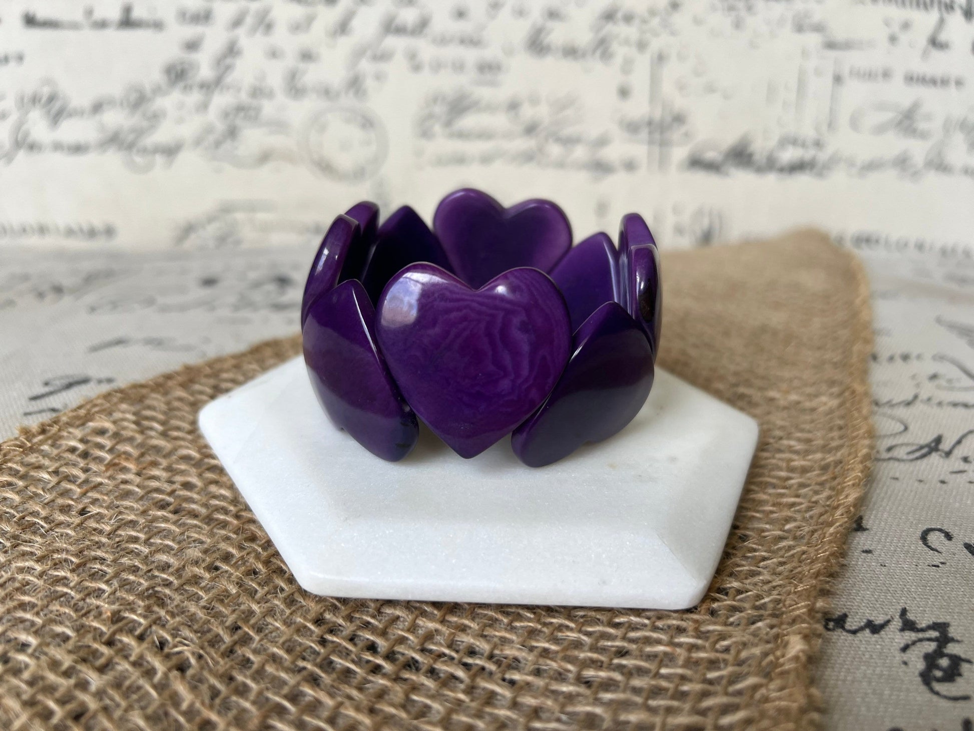 Purple heart shaped beads bracelet Tagua jewelry Love bangle Anniversary gift under 20 Girlfriend birthday Summer fashion trends Beach style
