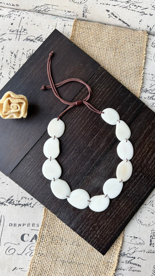 White single strand statement necklace Tagua necklace 14 year Anniversary gift for wife Handmade Adjustable leather strap Simple unusual
