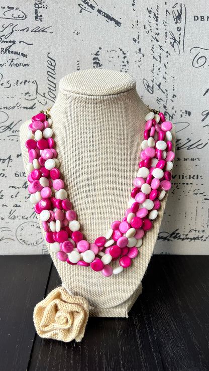 Pink and white big bold chunky necklace Tagua jewelry Fall fashion trends Lightweight adjustable beaded bib Christmas gifts Holidays outfit