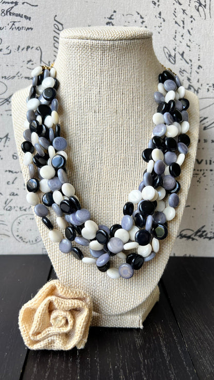 Black and white big bold chunky necklace Tagua jewelry Mothers day gifts for mom Spring fashion trend Lightweight adjustable beaded bib