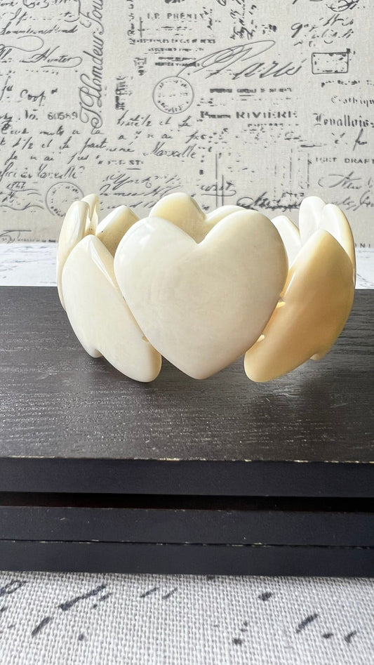 White heart shaped beads bracelet Tagua jewelry Love bangle Wife 14 year wedding anniversary gifts Summer fashion Stretchy bracelet