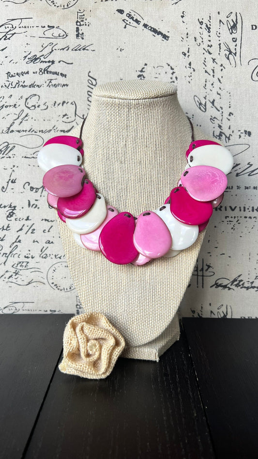 Pink and white bib Tagua necklace Easter fashion trends Mother's day gifts Beach statement jewelry Lightweight and adjustable Big beads
