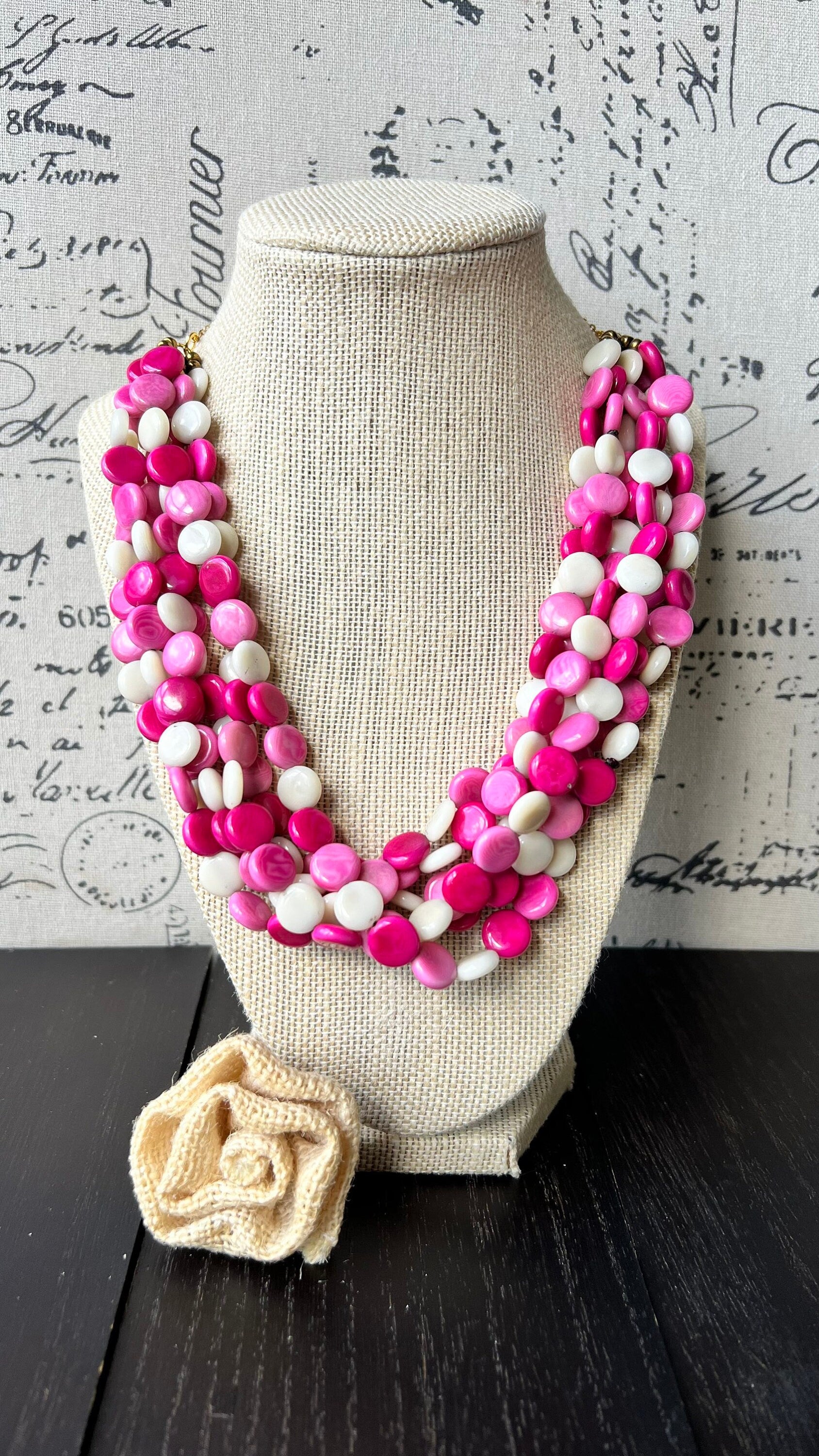Pink and white big bold chunky necklace Tagua jewelry Fall fashion trends Lightweight adjustable beaded bib Christmas gifts Holidays outfit