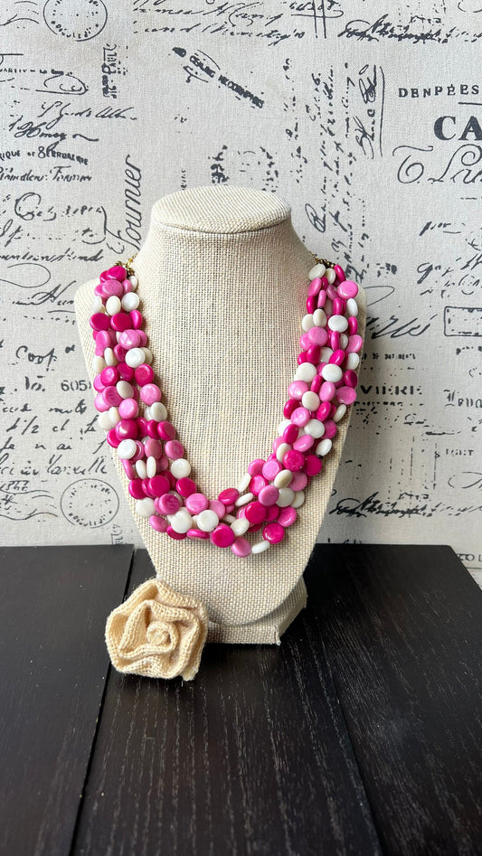 Pink and white big bold chunky necklace Tagua jewelry Fall fashion trends Lightweight adjustable beaded bib Christmas gifts Holidays outfit