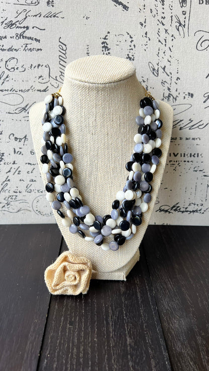 Black and white big bold chunky necklace Tagua jewelry Mothers day gifts for mom Spring fashion trend Lightweight adjustable beaded bib