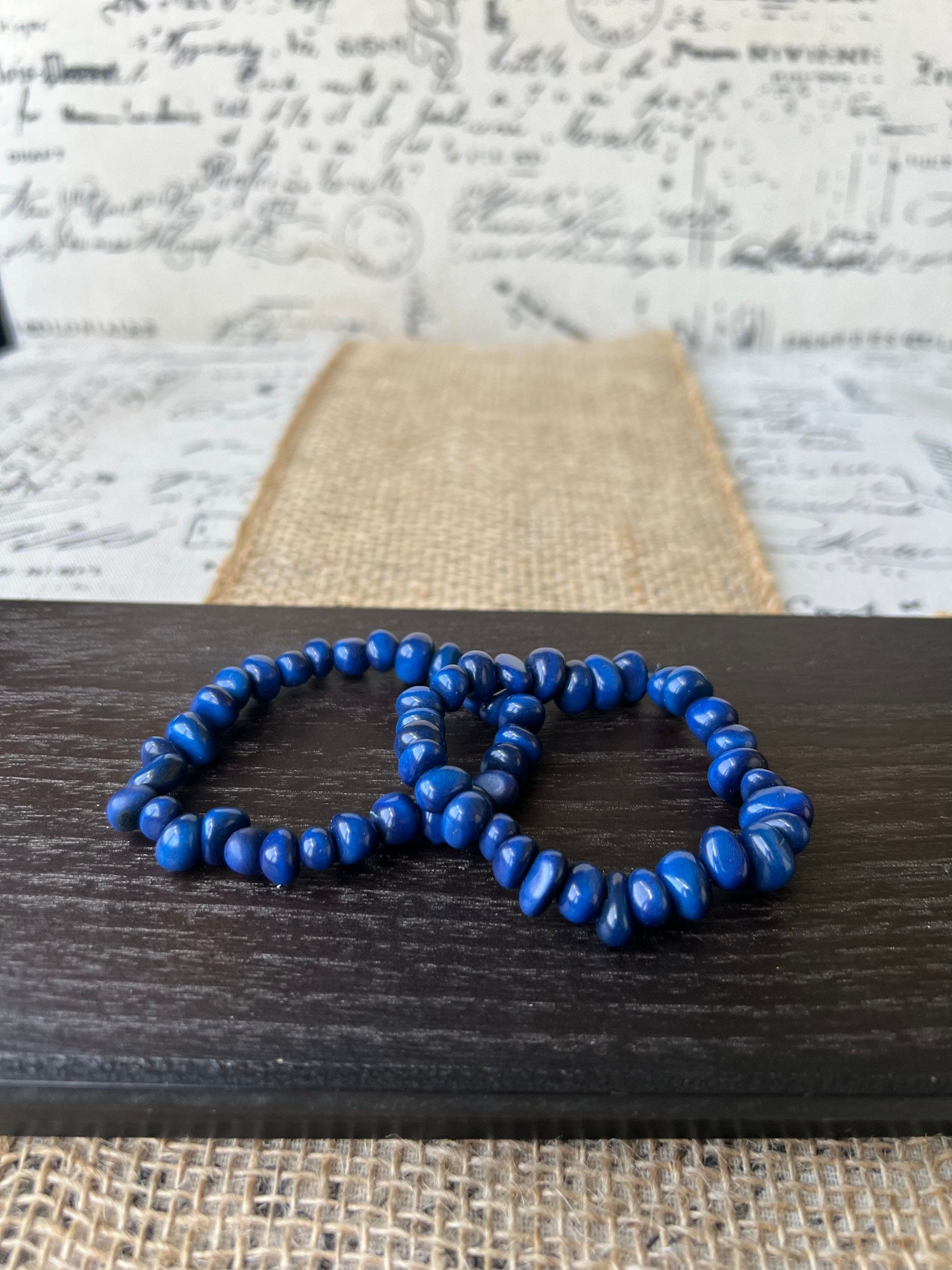 Blue stackable bracelet Tagua nut jewelry Resort wear Beaded stretch bracelets for women girl Birthday gifts ideas for her Elastic bangle