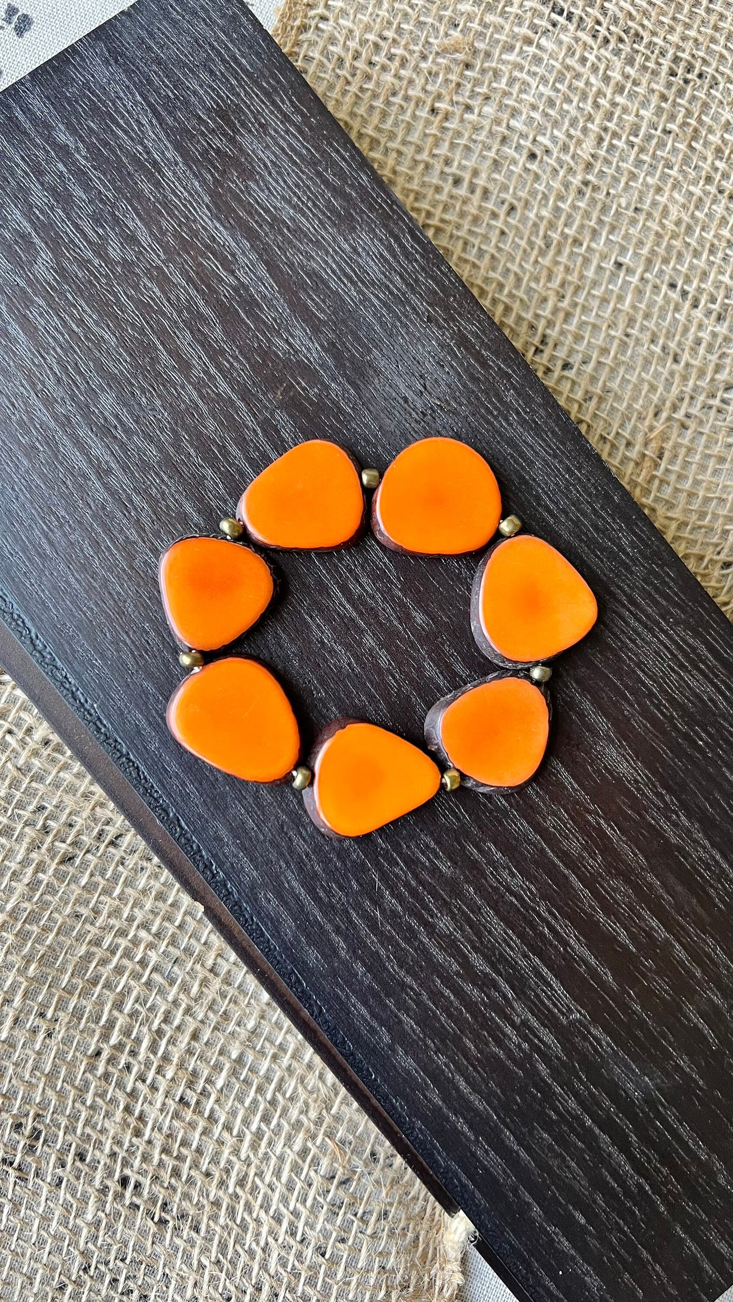 Orange fashion bracelet Tagua jewelry Fall fashion trends Beaded stretch bracelets for women Statement bangle Holiday style Gifts for mom