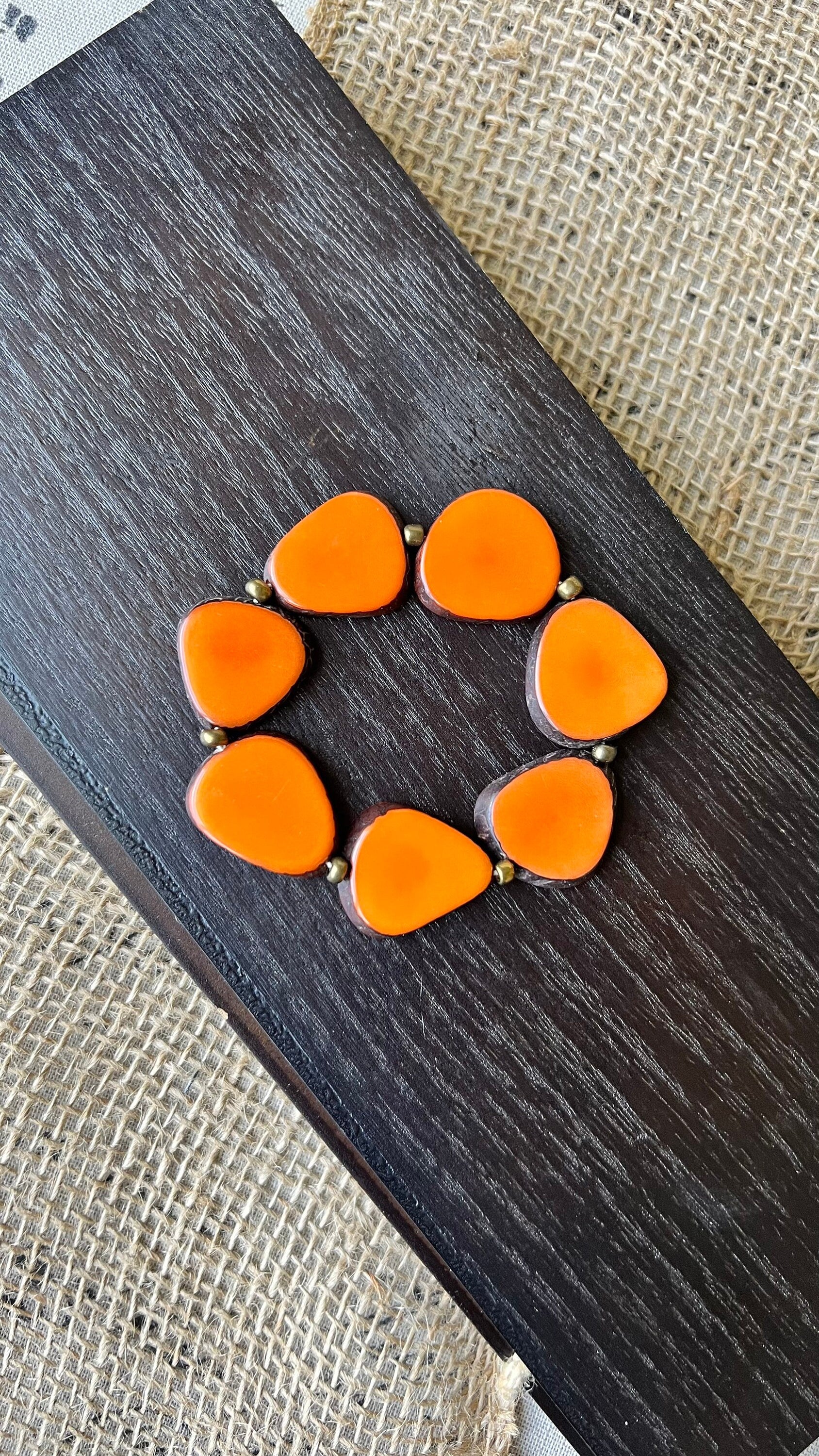 Orange fashion bracelet Tagua jewelry Fall fashion trends Beaded stretch bracelets for women Statement bangle Holiday style Gifts for mom