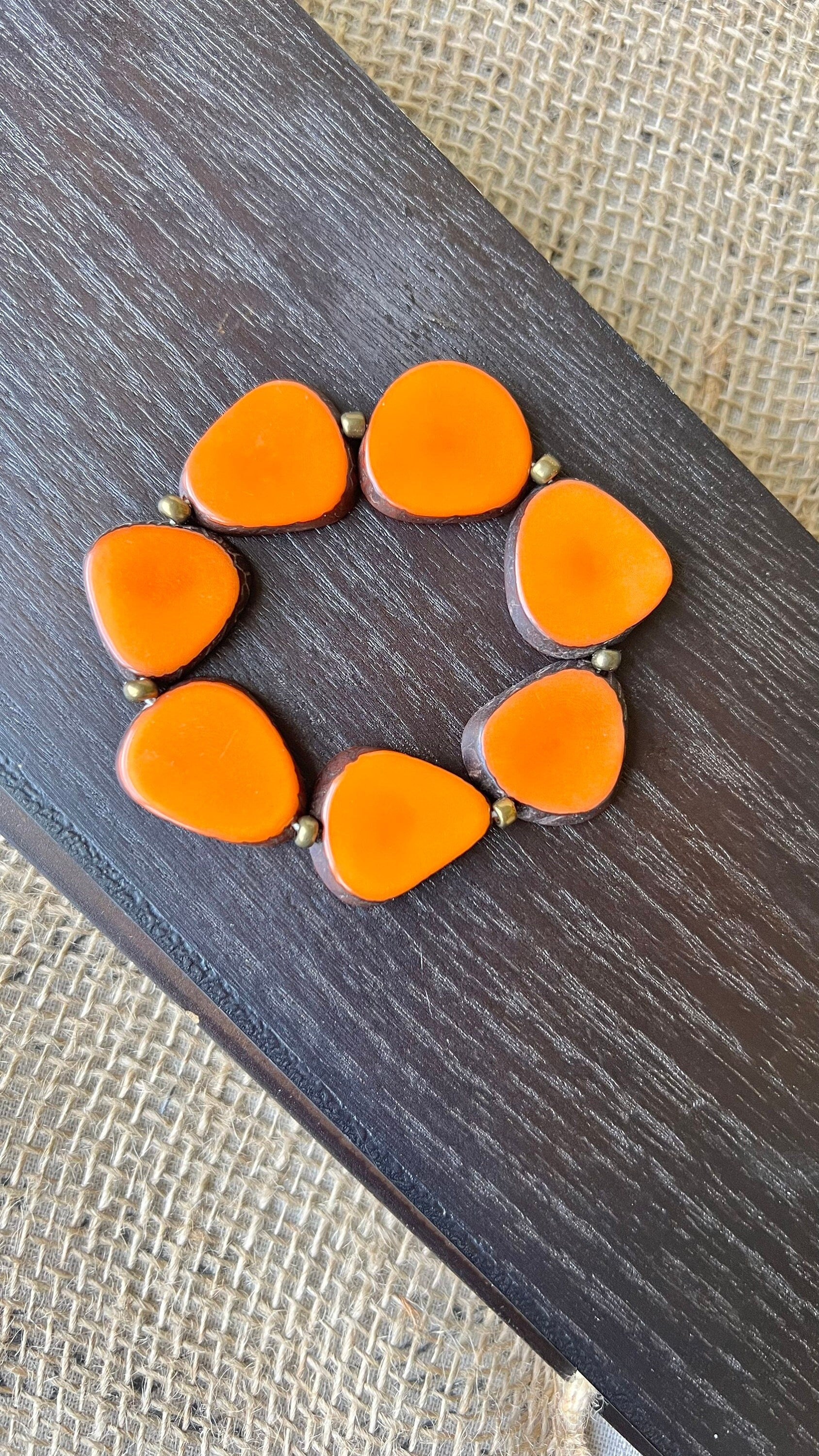 Orange fashion bracelet Tagua jewelry Fall fashion trends Beaded stretch bracelets for women Statement bangle Holiday style Gifts for mom
