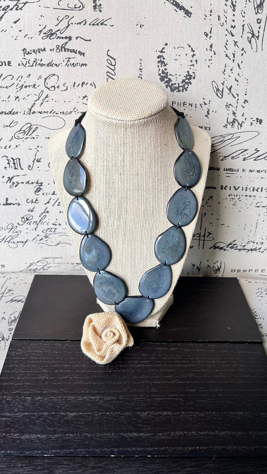 Tagua jewelry Gray bib necklace Simple beaded necklace Spring fashion trend Long beaded statement collar with adjustable leather strap