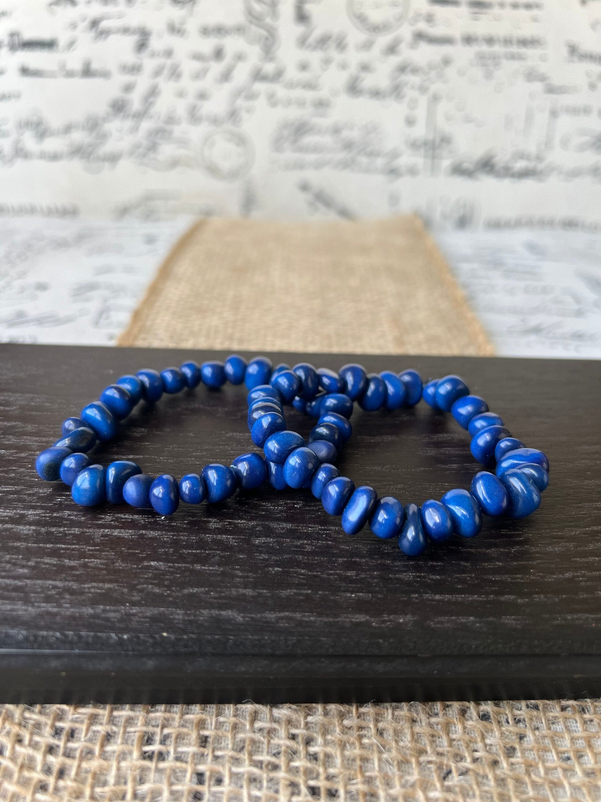Blue stackable bracelet Tagua nut jewelry Resort wear Beaded stretch bracelets for women girl Birthday gifts ideas for her Elastic bangle