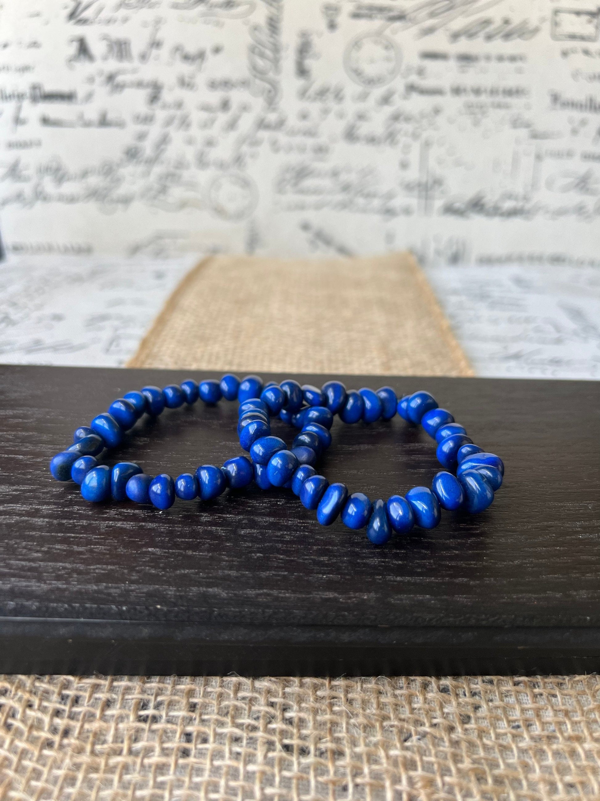 Blue stackable bracelet Tagua nut jewelry Resort wear Beaded stretch bracelets for women girl Birthday gifts ideas for her Elastic bangle