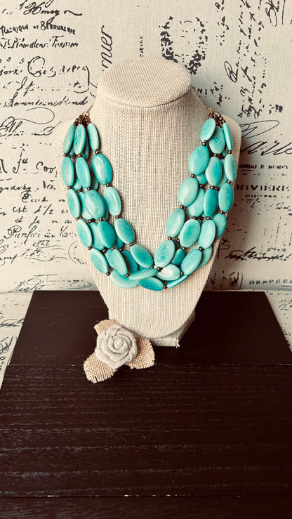 Turquoise green fashion multi strand necklace Statement beaded necklace for women Tagua necklace Lightweight with gold chain Big bold chunky