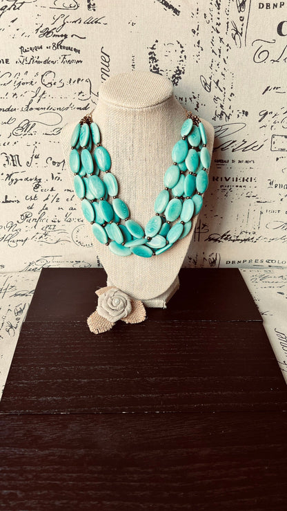 Turquoise green fashion multi strand necklace Statement beaded necklace for women Tagua necklace Lightweight with gold chain Big bold chunky